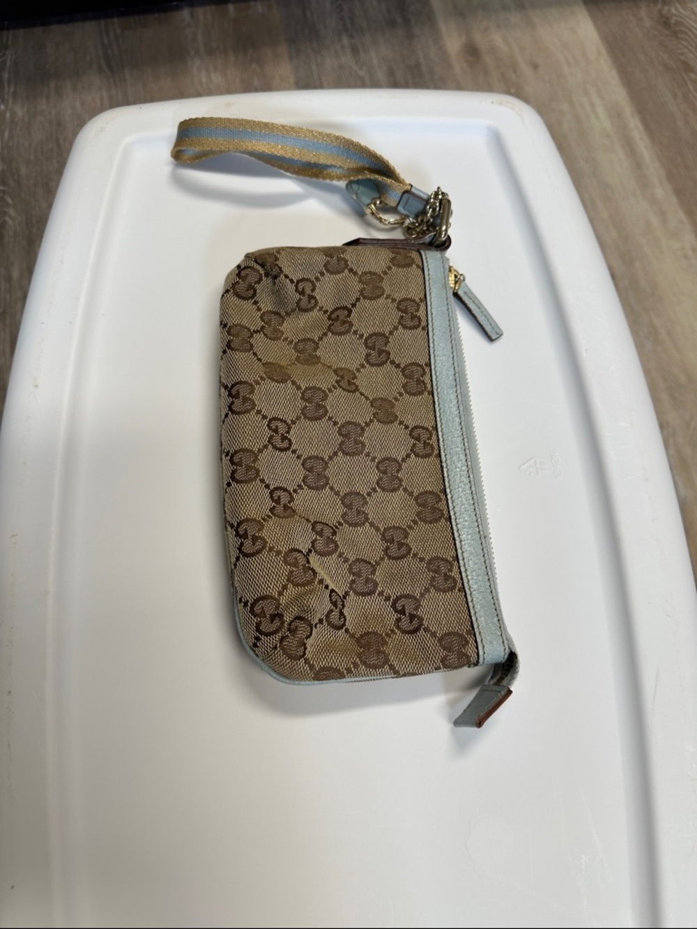 Gucci Beige Brown GG Canvas Wristlet with Light Blue Trim